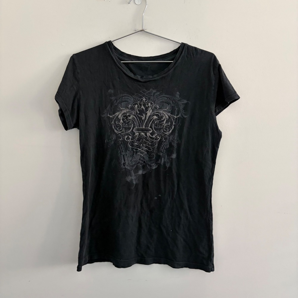 Affliction Womens Fleur De Lis Angel Wings Graphic T-Shirt Black Small